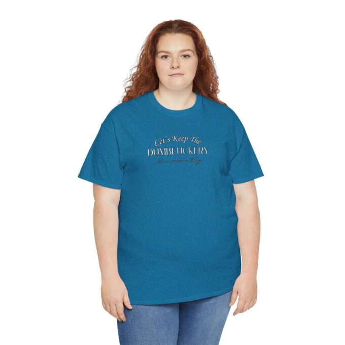 A woman wearing a blue t-shirt with the words " i am not perfect but."