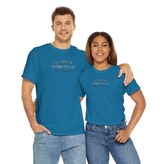 A man and woman wearing blue shirts with the words " always forward ".