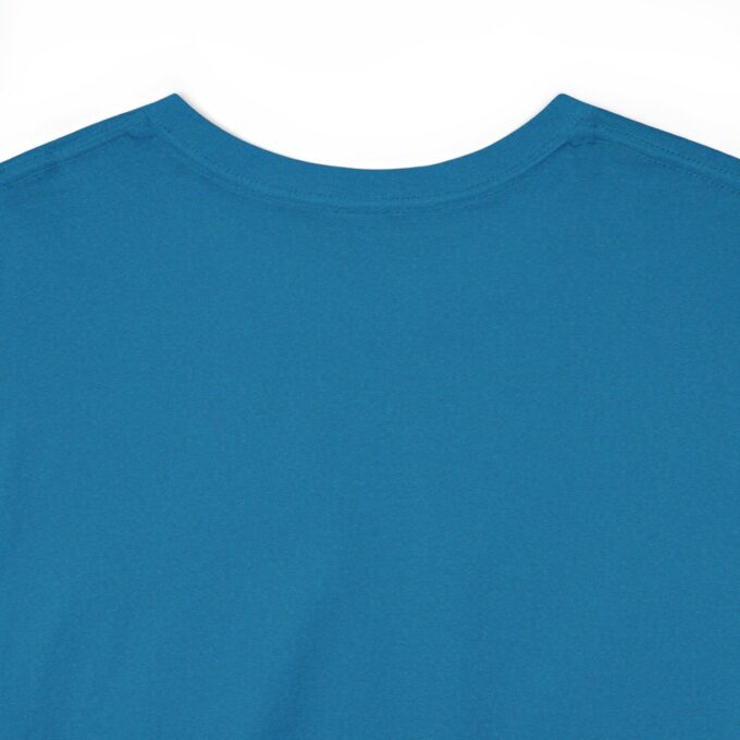 A close up of the back of a blue shirt