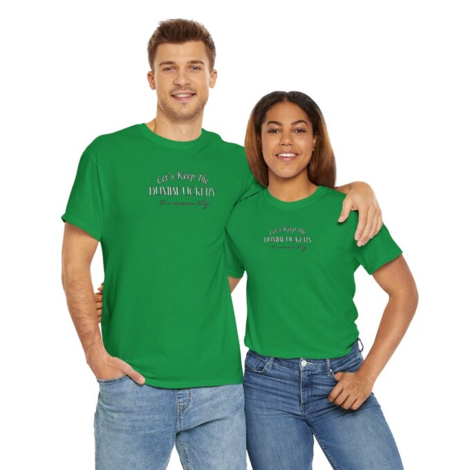 A man and woman wearing green shirts with the words " you can 't touch this shirt ".