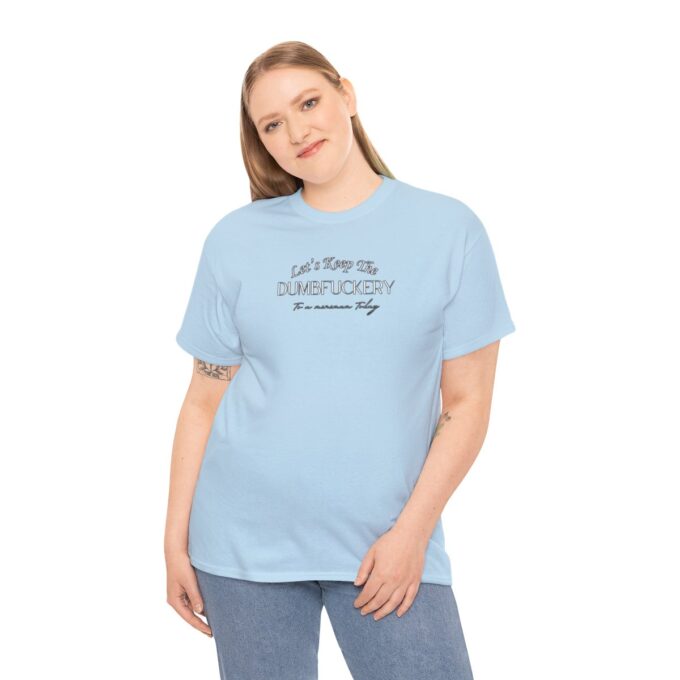 A woman wearing light blue jeans and a t-shirt.