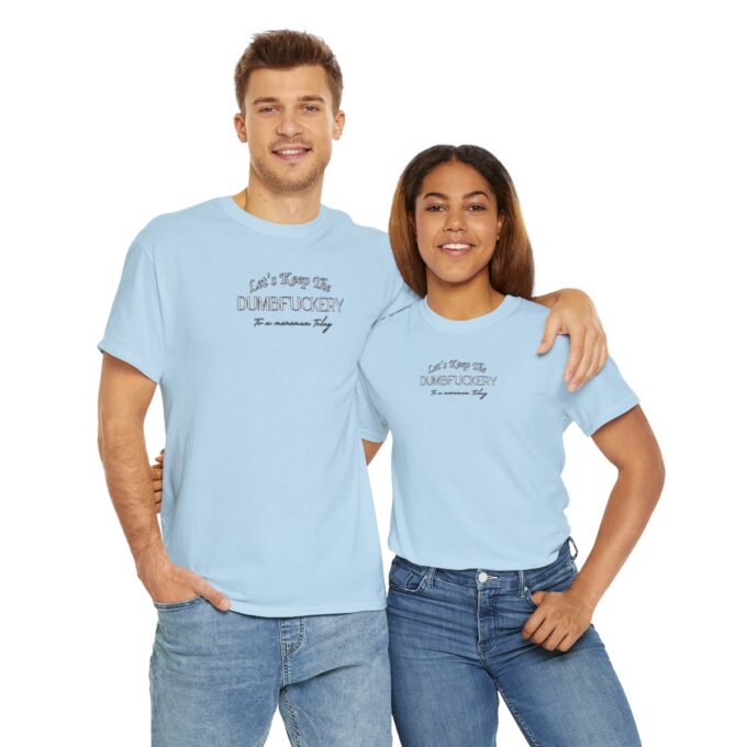 A man and woman wearing light blue shirts.