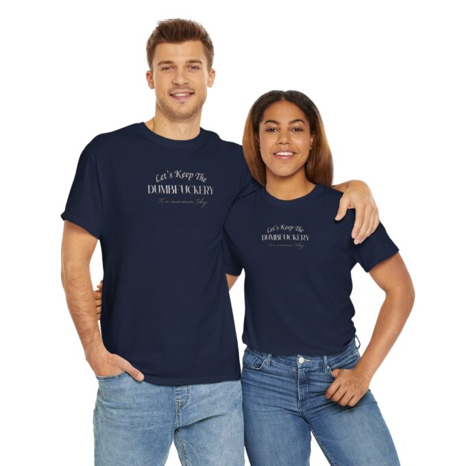 A man and woman wearing matching shirts