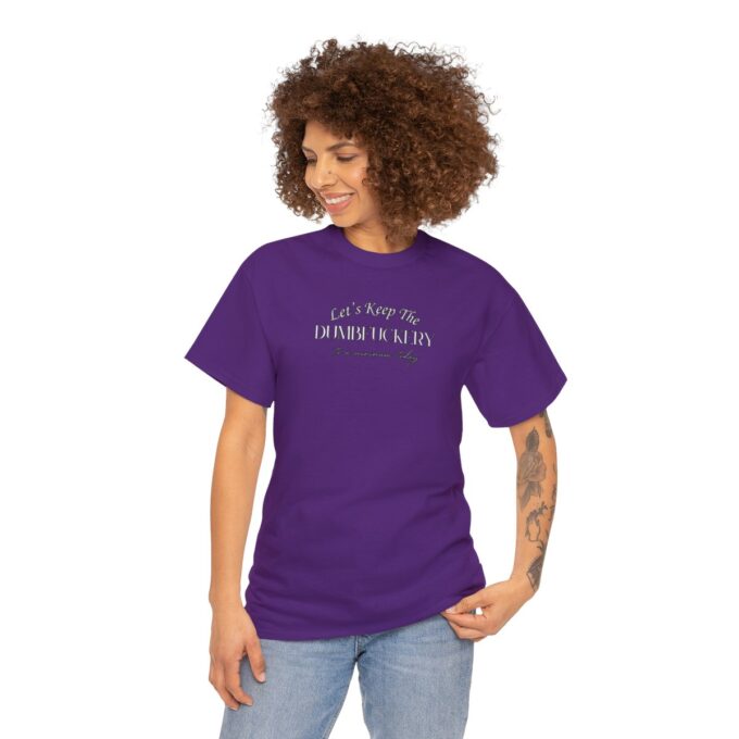 A woman with curly hair wearing purple shirt.