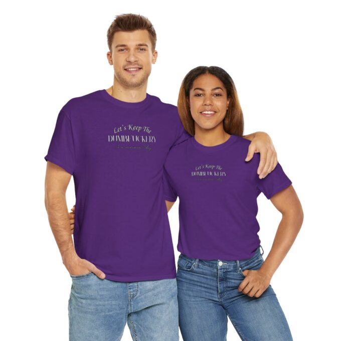 A man and woman wearing purple shirts with the words " you can 't touch this " on them.