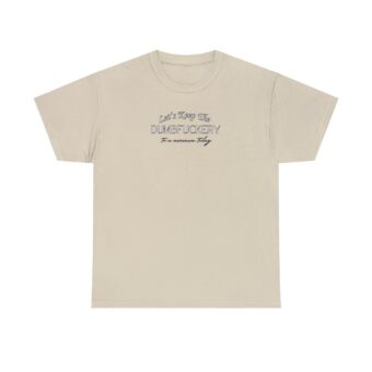 A beige t-shirt with an image of a person 's name.