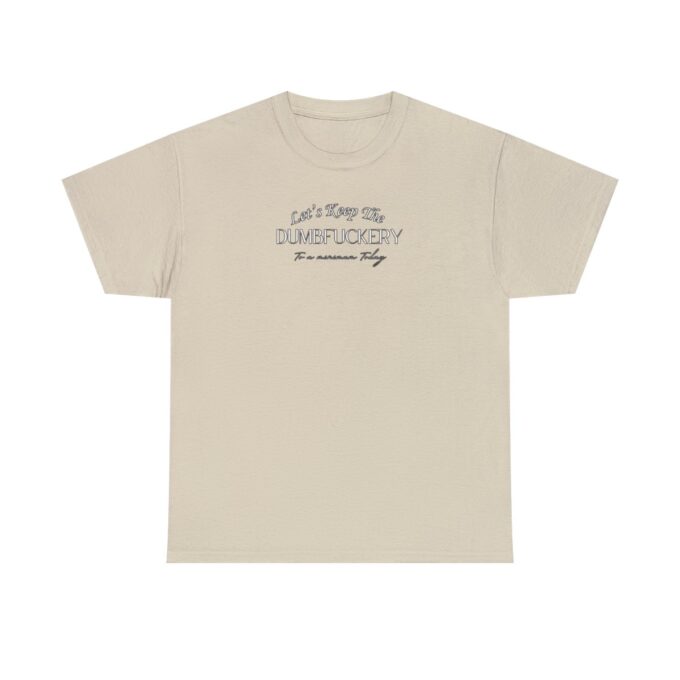A beige t-shirt with an image of a person 's name.