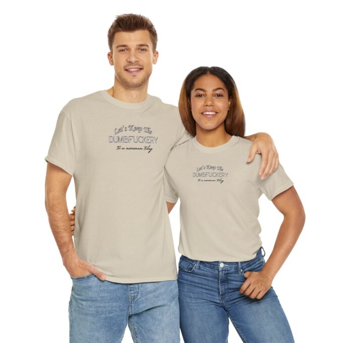A man and woman wearing matching shirts