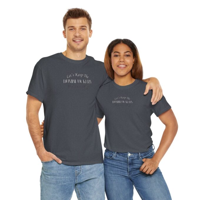 A man and woman wearing matching shirts