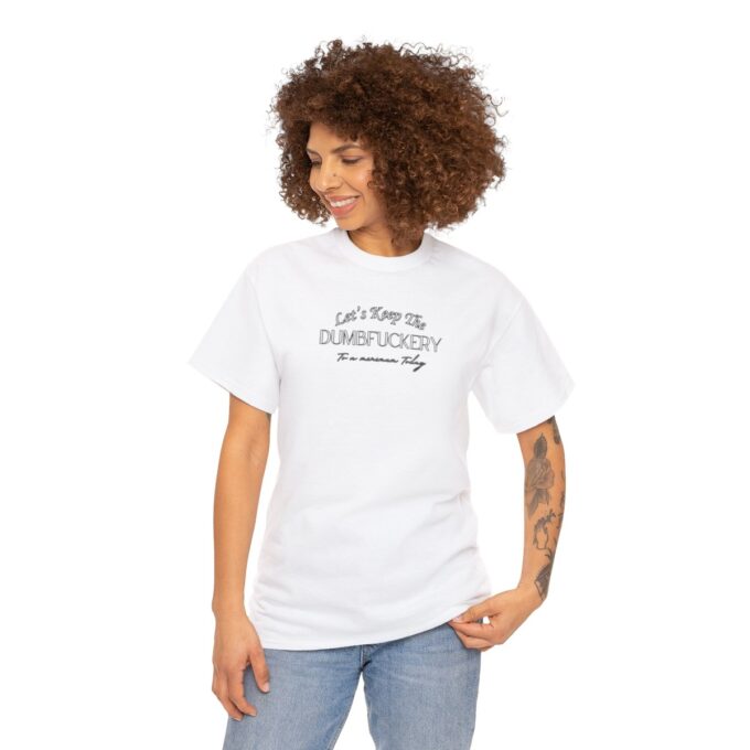 A woman with curly hair wearing a white t-shirt.