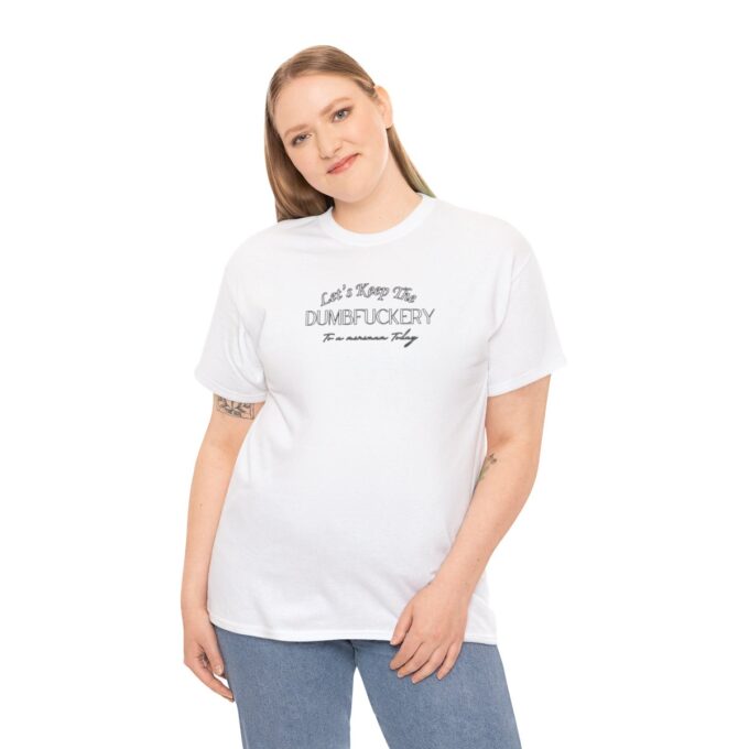 A woman wearing white jeans and a t-shirt.