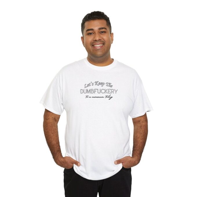 A man wearing a white t-shirt with the words " let 's keep it quiet " on it.