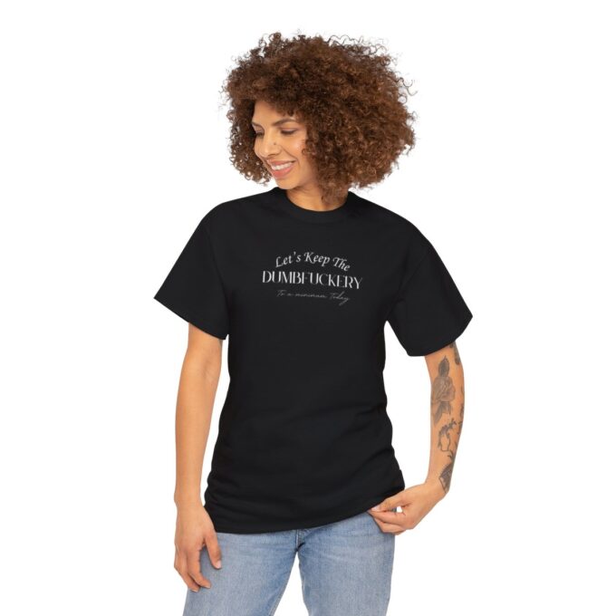 A woman with curly hair wearing a black t-shirt.