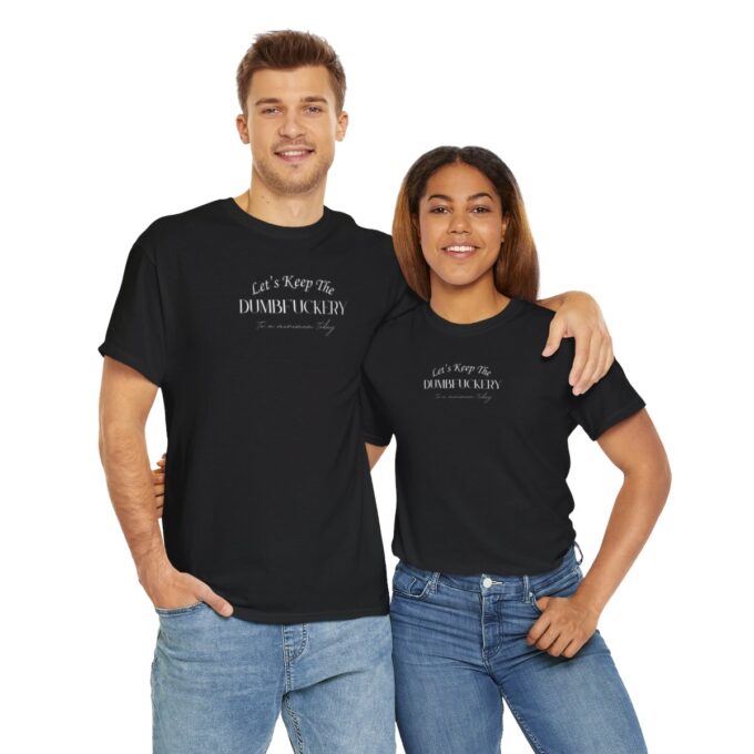 A man and woman wearing black shirts with the words " made in usa ".
