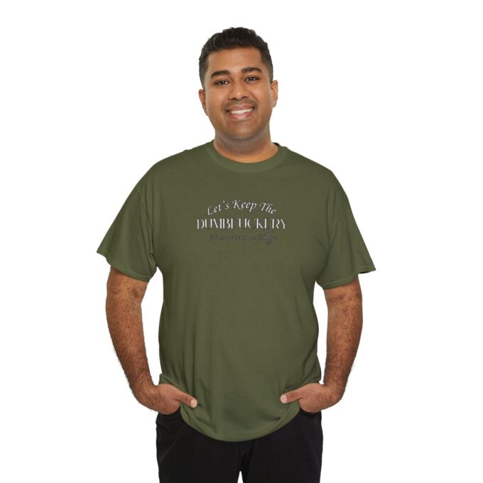 A man wearing a green shirt with the words " i am proud of being an american citizen ".