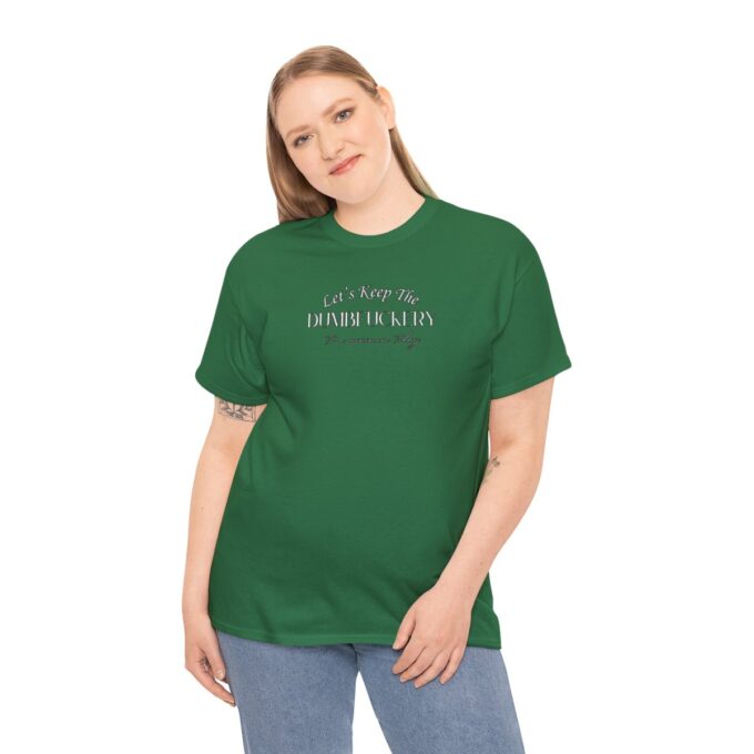 A woman wearing a green t-shirt with the words " i love my garden shed ".