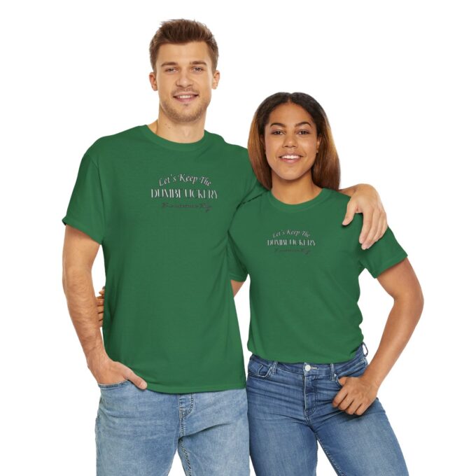 A man and woman wearing green shirts with the words " let there be light ".