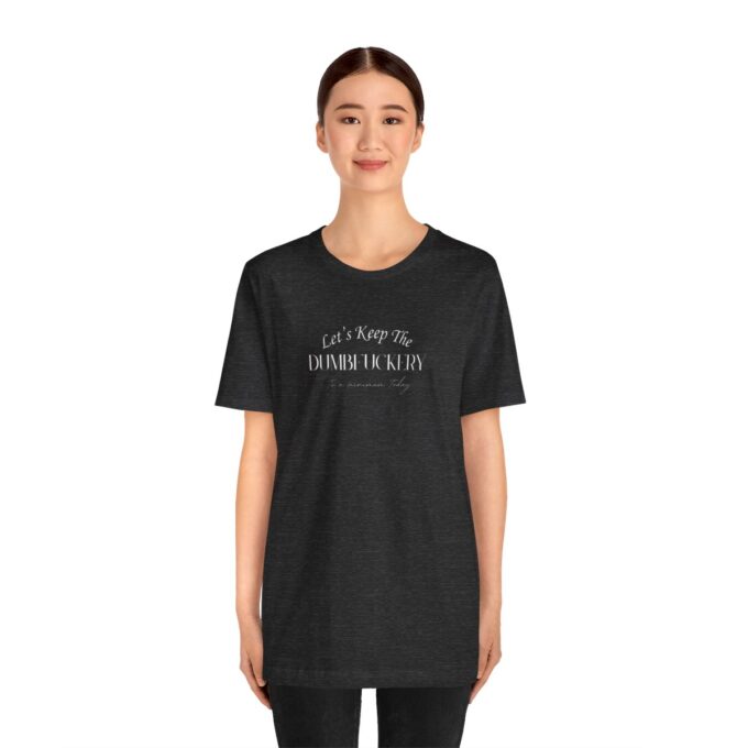 A woman wearing black pants and a t-shirt.