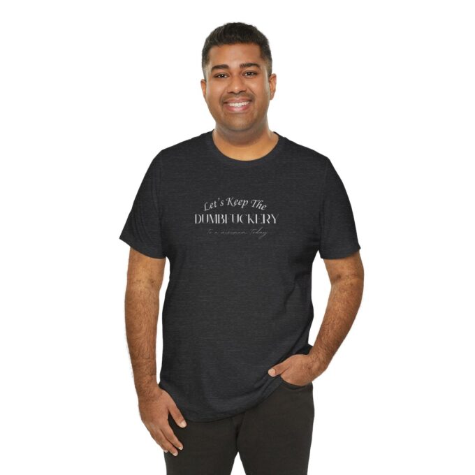 A man wearing a black t-shirt with the words " i am an atheist."