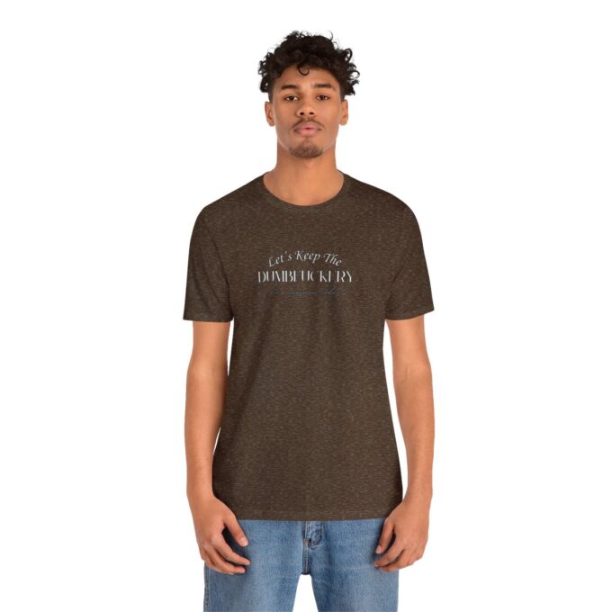 A man wearing a brown t-shirt with the words " life is good."