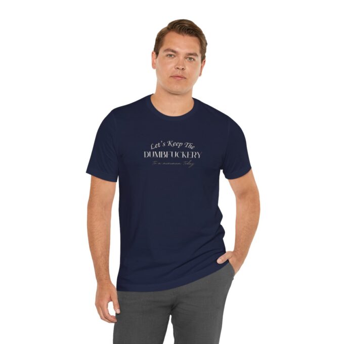 A man wearing a navy blue t-shirt with the words " let 's work on this project."