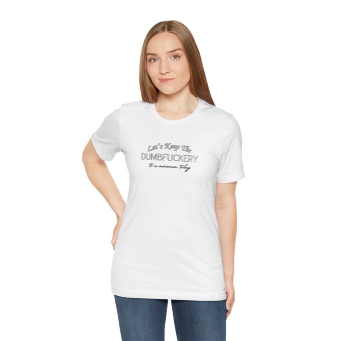 A woman is wearing a white t-shirt with the words " i am not perfect ".