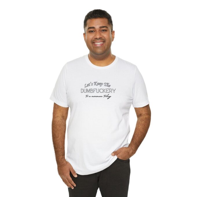A man wearing a white t-shirt with the words " let there be light ".