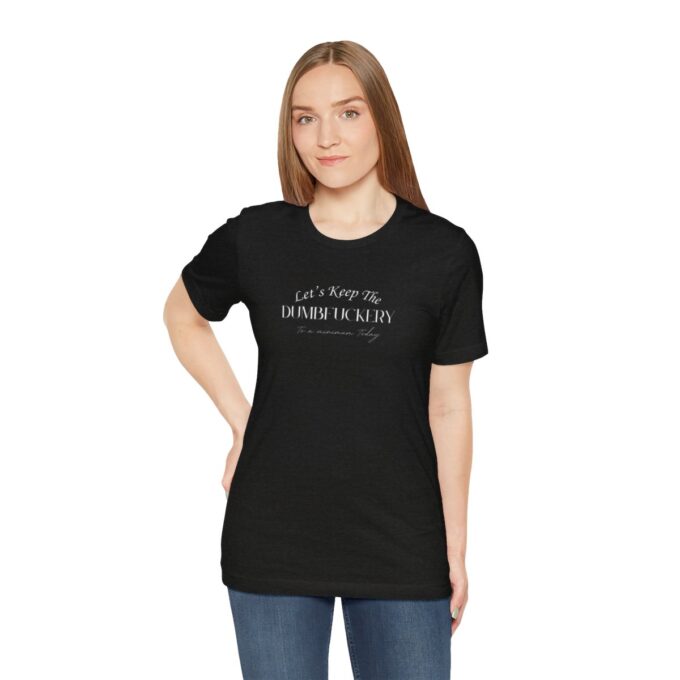 A woman is wearing a black t-shirt