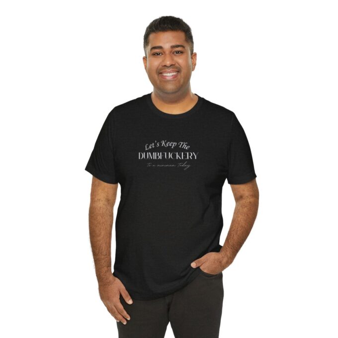 A man wearing a black t-shirt with the words " let 's keep it real ".