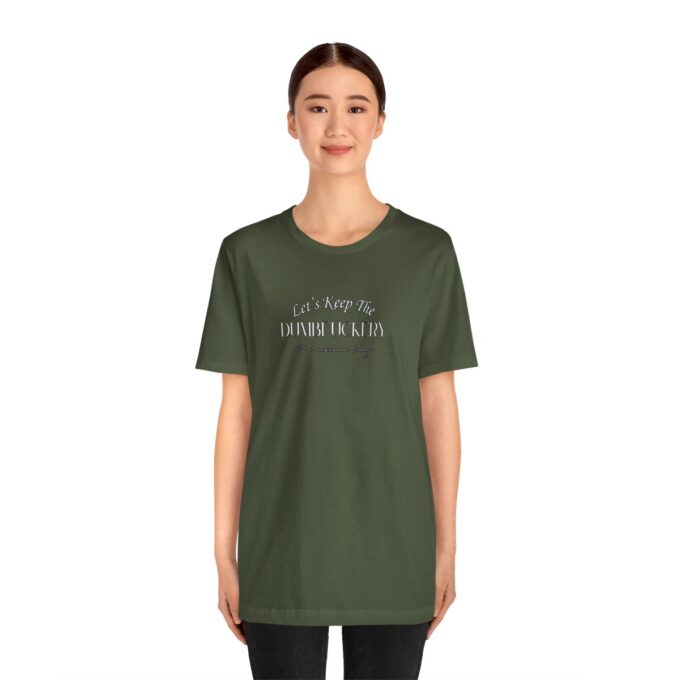 A woman wearing a green t-shirt with the words " i am an atheist ".